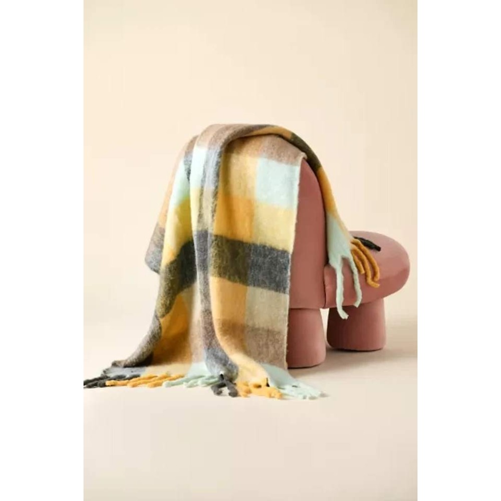 Urban Outfitters Faux Mohair Throw Blanket Plaid Multi Color 50x60 New